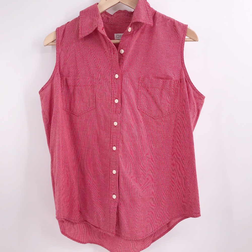 Sleeveless Button-down Shirt Checked Red and White